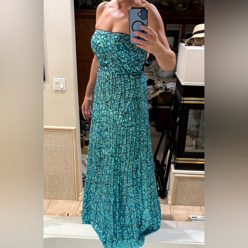 Precious Formals Strapless Teal Dress
